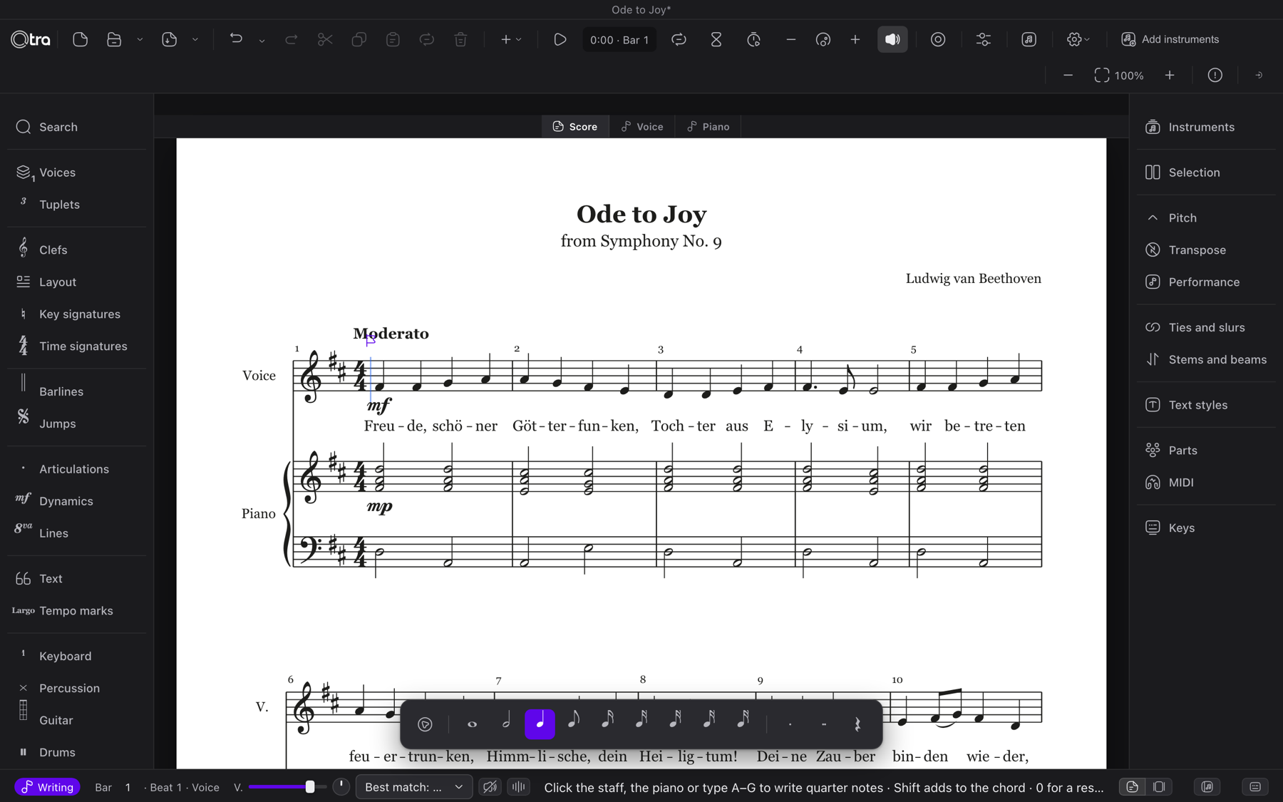 The Otra editor with Ode to Joy open: a score with a voice part and piano, the palette on the left and the inspector on the right